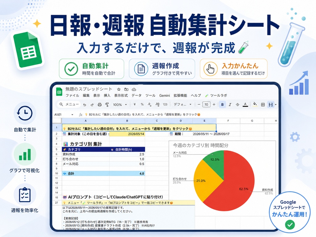 【日報・週報がラクになる】AI自動集計スプレッドシート|入力するだけで週報が完成