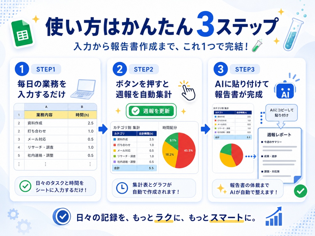 【日報・週報がラクになる】AI自動集計スプレッドシート|入力するだけで週報が完成