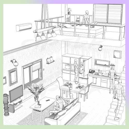 3D・ロフト部屋(現代・キッチン付き)