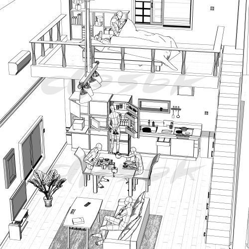 3D・ロフト部屋(現代・キッチン付き)