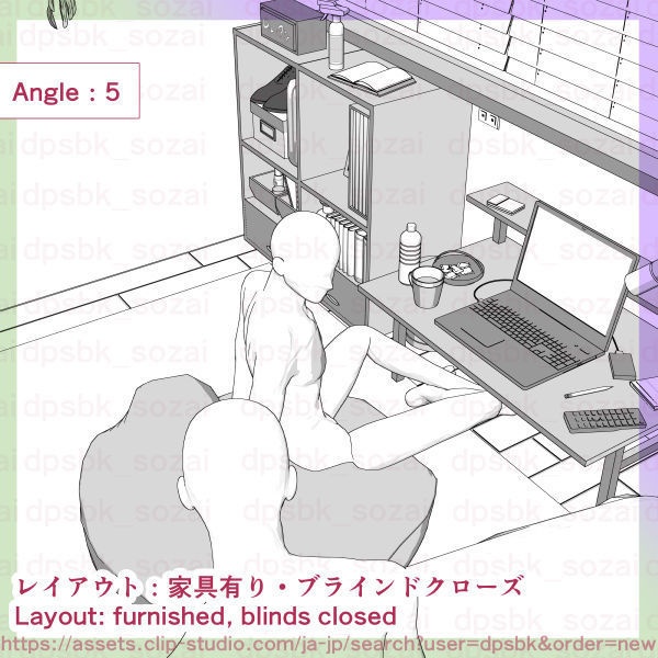 7畳デカクッション家具セットと2段ベッドの個室【3D】