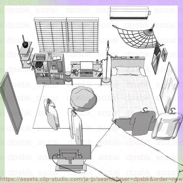 7畳デカクッション家具セットと2段ベッドの個室【3D】