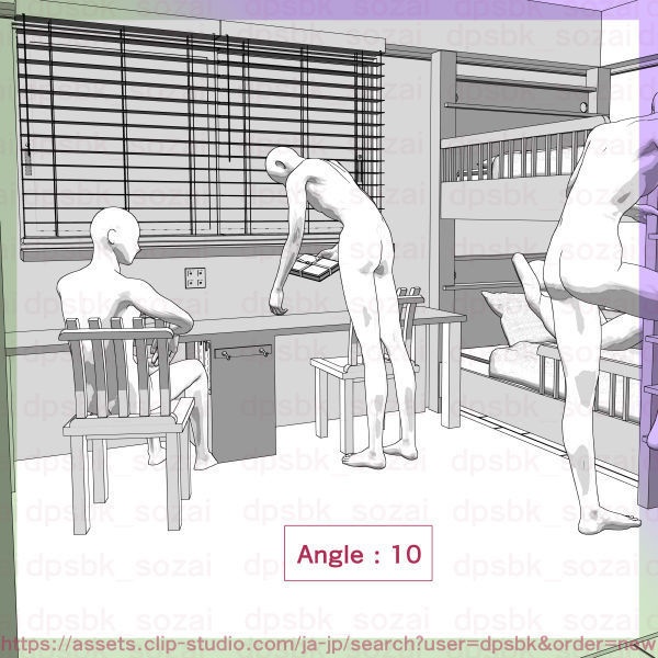 7畳デカクッション家具セットと2段ベッドの個室【3D】