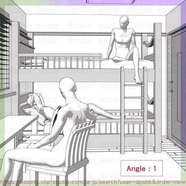 7畳デカクッション家具セットと2段ベッドの個室【3D】