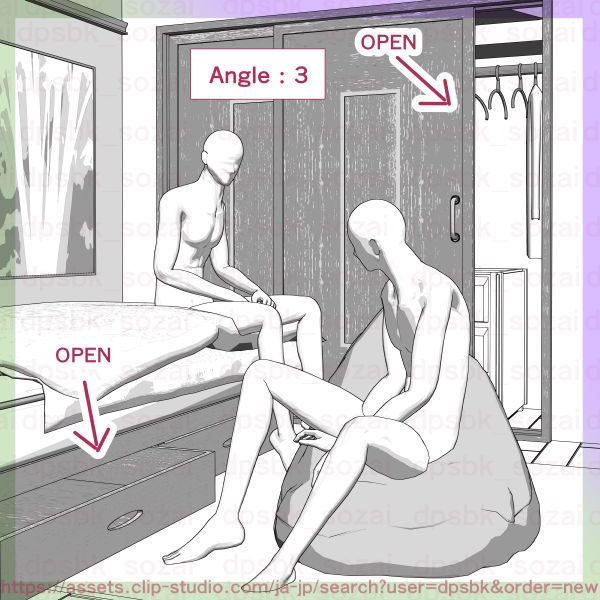 7畳デカクッション家具セットと2段ベッドの個室【3D】