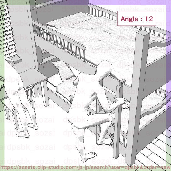 7畳デカクッション家具セットと2段ベッドの個室【3D】