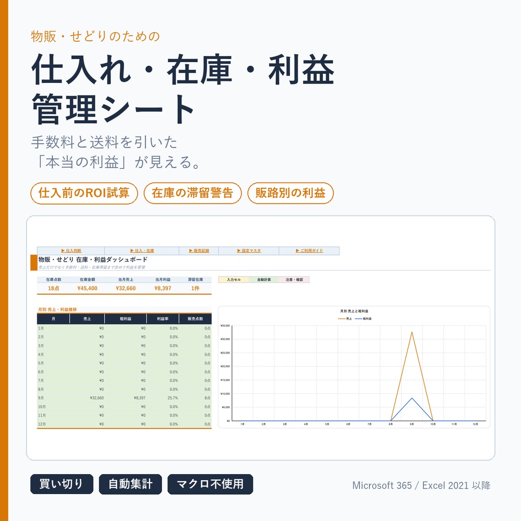 【Excelテンプレート】物販・せどりの仕入れ・在庫・利益管理｜買い切り・自動集計