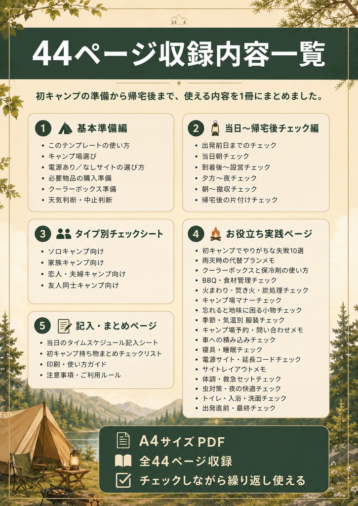 初めてのキャンプで失敗したくない人へ|キャンプ準備チェックリスト&プランナー