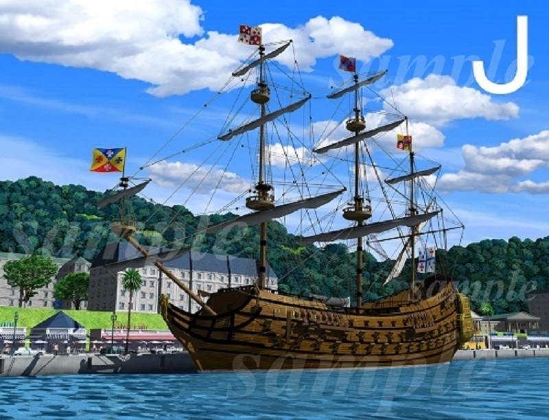 オープンテラスの繁華街と帆船