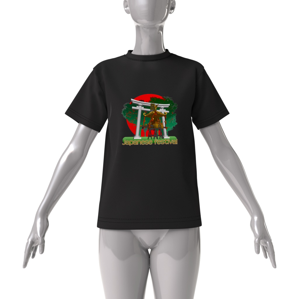 Tシャツ黒 鳥居と神輿