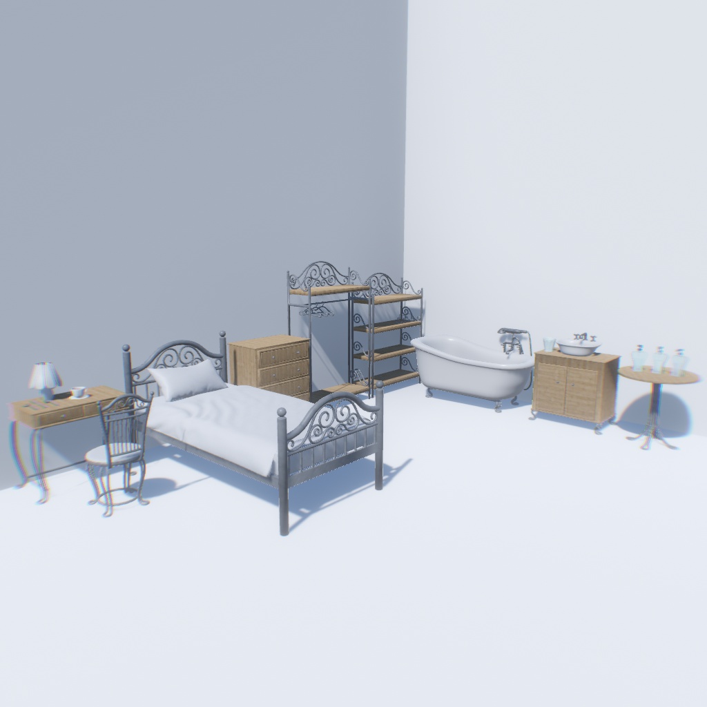 【VRChat想定】ガーリーアイアンウッド家具16点+おまけ小物11点