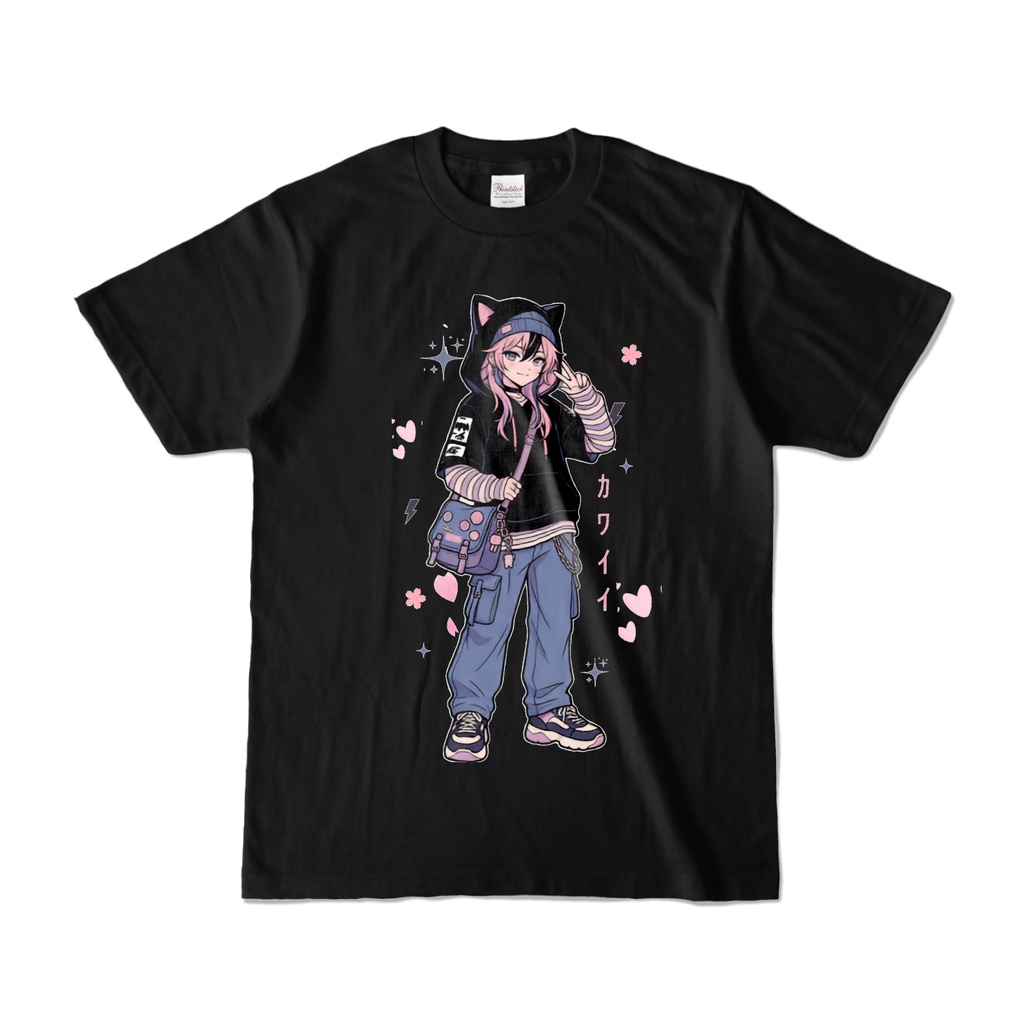 ストリートガールブラックTシャツストリート系アニメガール