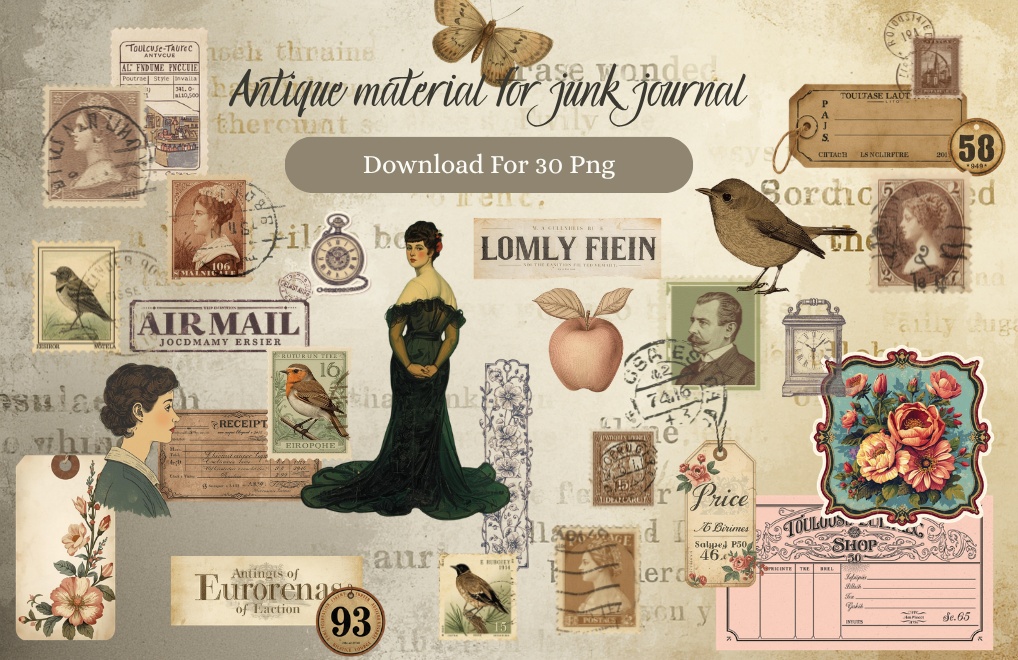 アンティーク風ジャンクジャーナル素材30個セット｜PNGダウンロード｟canva｠