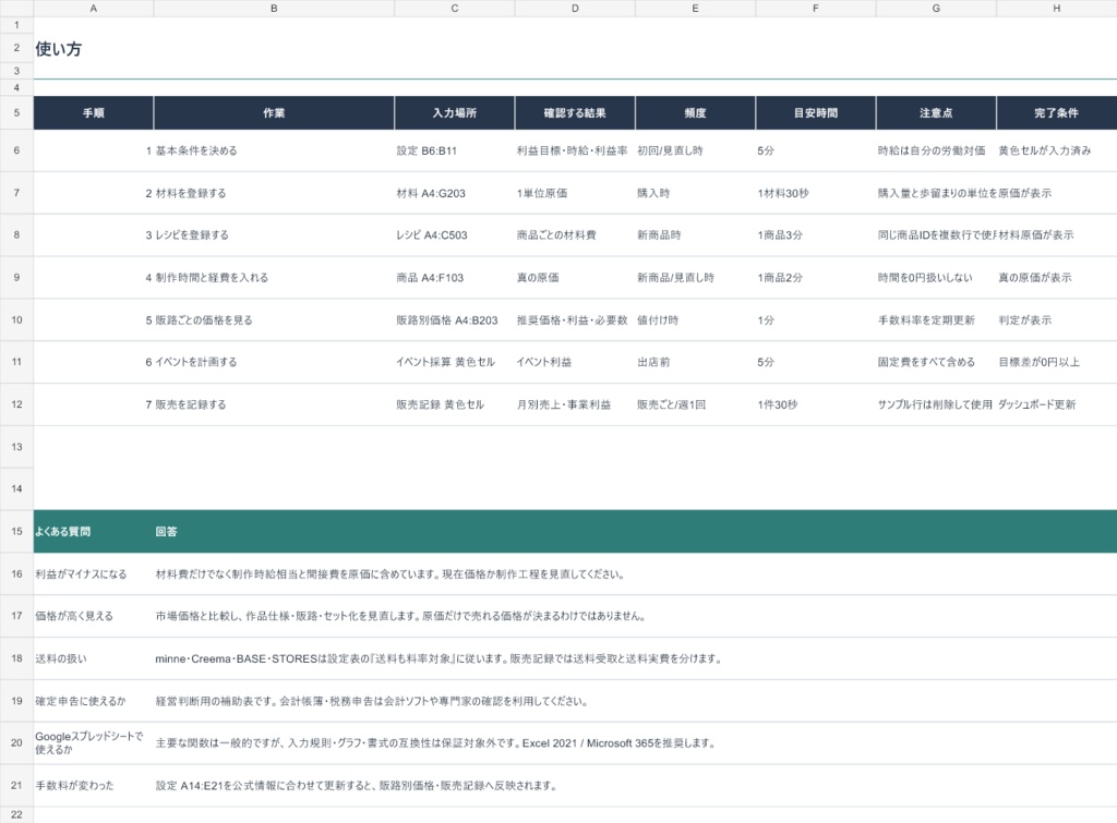 ハンドメイド利益設計テンプレート|原価・時給・販路手数料・イベント採算をExcelで自動計算