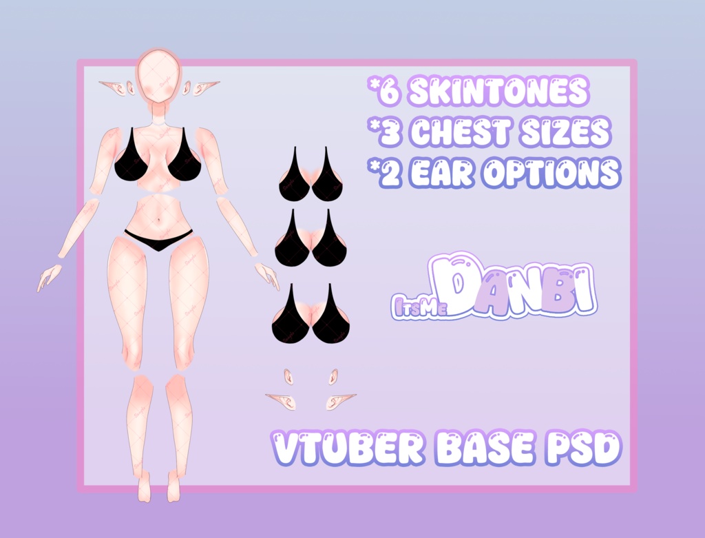 Live2D Vtuber Model Female Base | Fully Separated PSD UNRIGGED | 6 Skintones | 3 Chest Sizes | 2 Ears