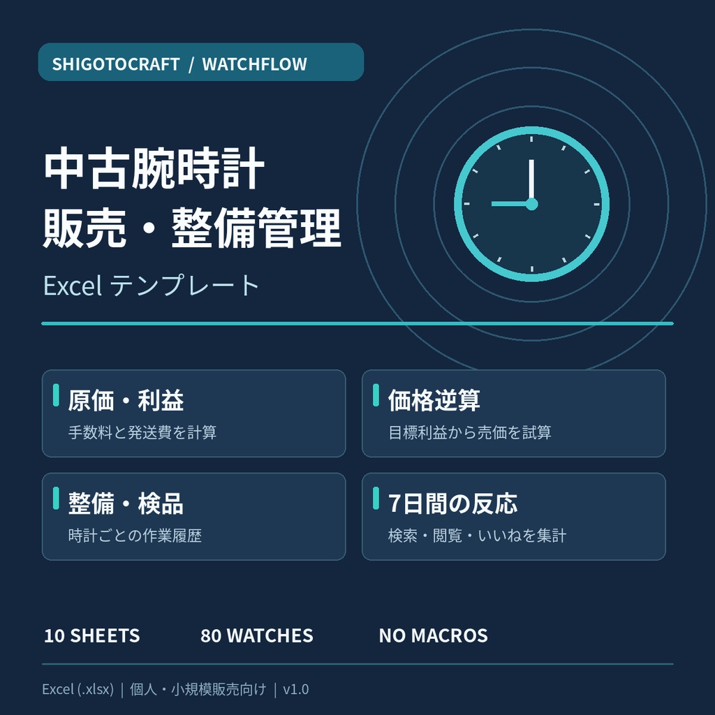 WATCHFLOW｜中古腕時計の販売・整備・利益管理Excel【80本台帳／価格逆算／7日反応】