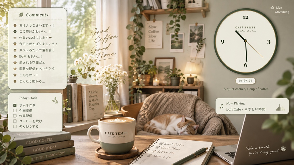 【OBS用】Café Clock|カフェ風HTML時計 5 Styles