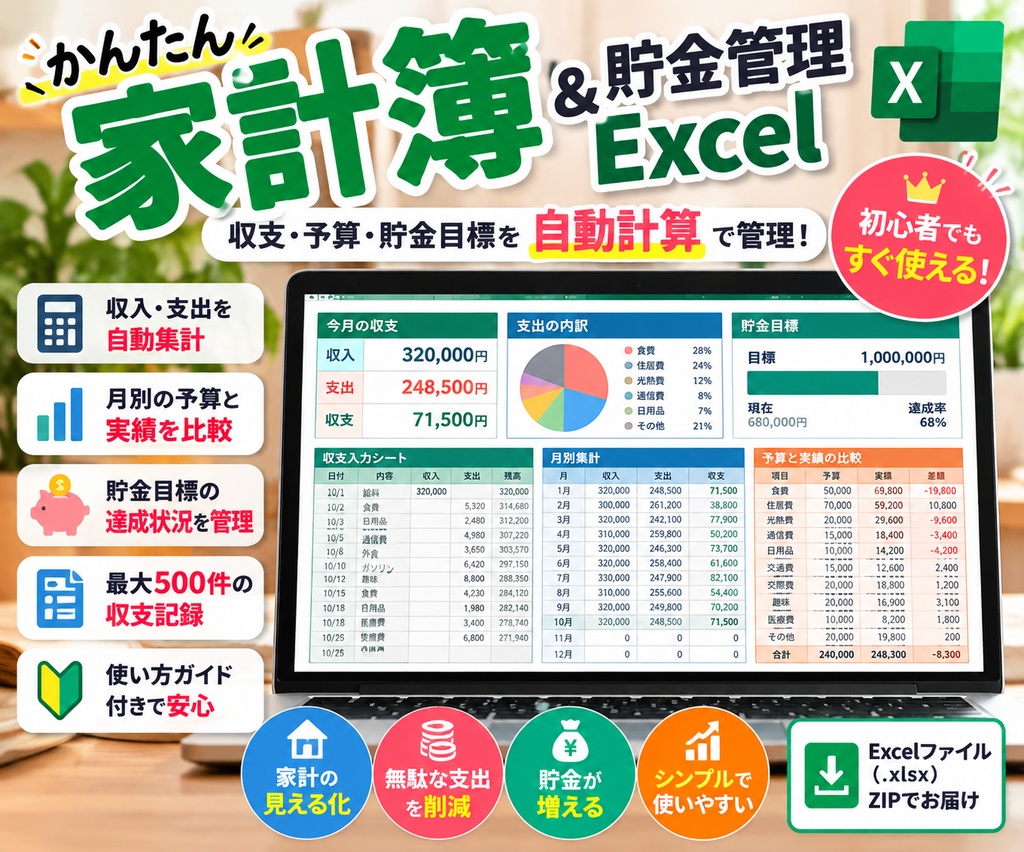 かんたん家計簿＆貯金管理Excel｜収支・予算・貯金目標を自動計算