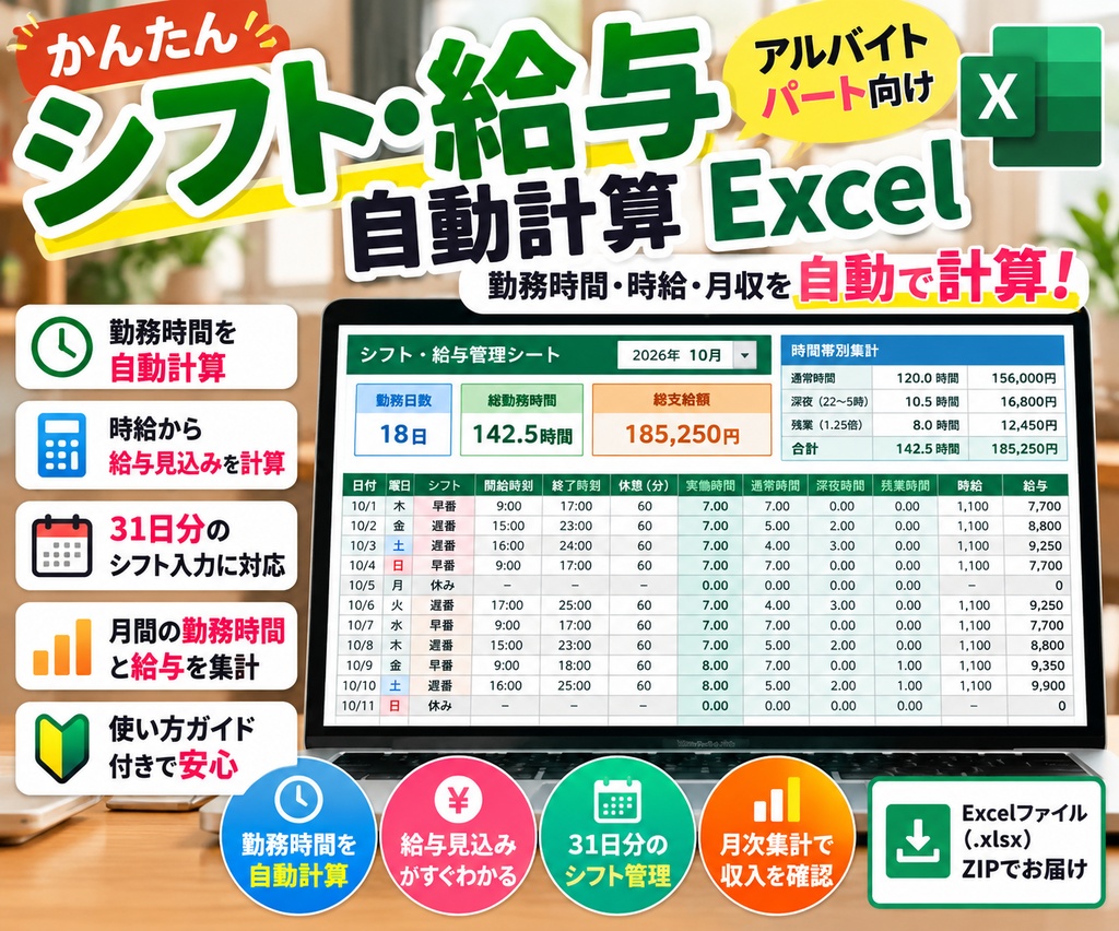 シフト・給与自動計算Excel｜アルバイト・パート向け勤務時間・月収管理
