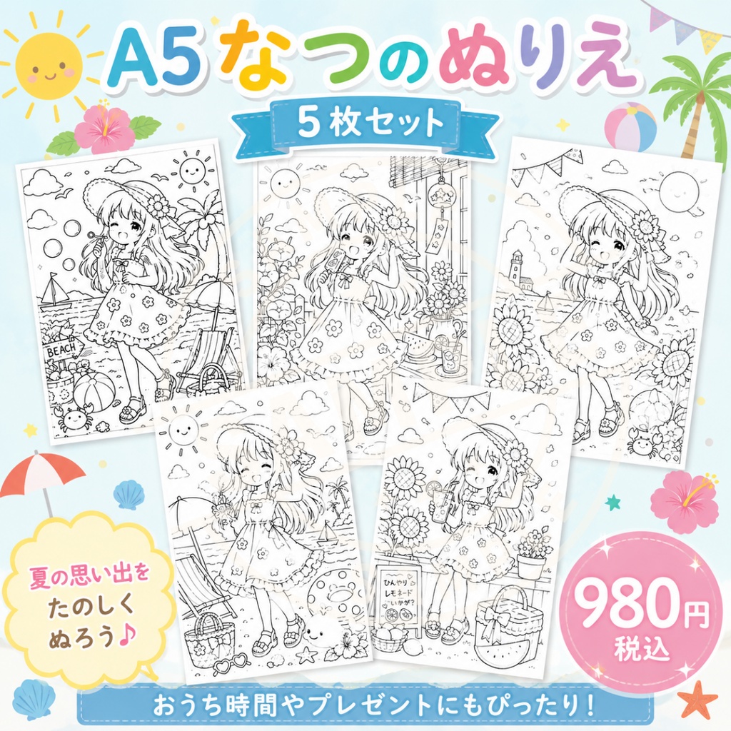  「夏のぬりえ5枚セット＋1枚特典付き かわいい女の子と夏の思い出」「Summer Coloring Book Set – 5 Pages + 1 Bonus Page | Cute Girls & Sweet Summer Memories」