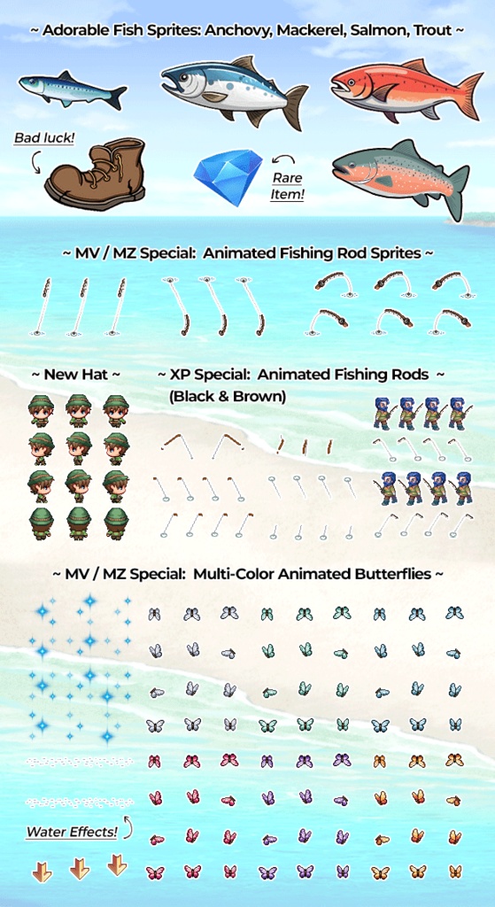 釣りシステム&素材 🌱 RPGツクール MZ・MV・XP | Fishing System + Assets 🌱 RPG Maker MZ MV XP