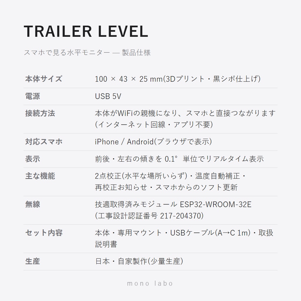【先行販売】TRAILER LEVEL — スマホで見る水平モニター(専用マウント付きフルセット)