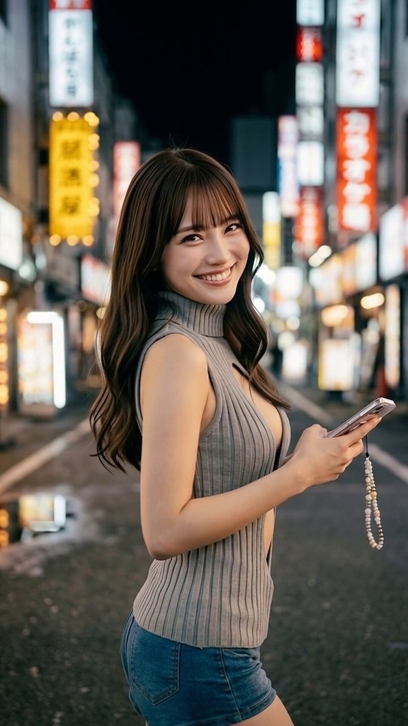 夜のネオン街で、しーっ。