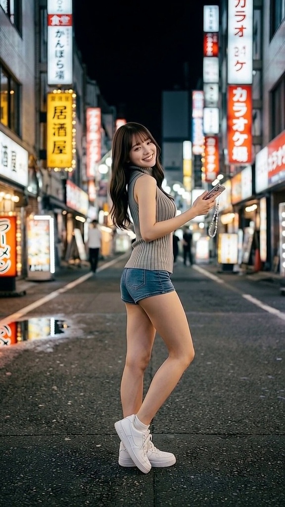 夜のネオン街で、しーっ。
