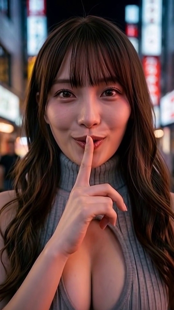 夜のネオン街で、しーっ。