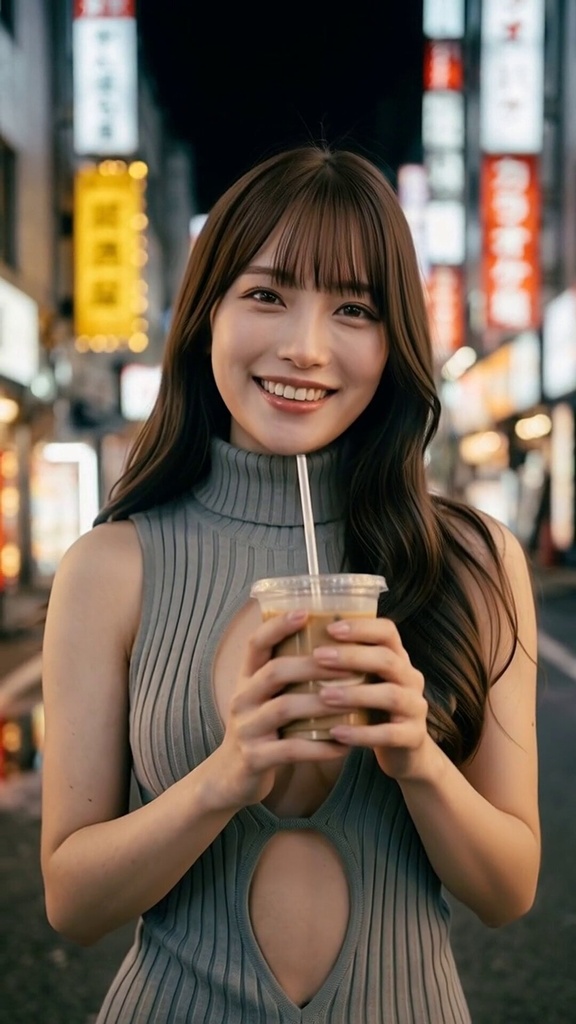 夜のネオン街で、しーっ。