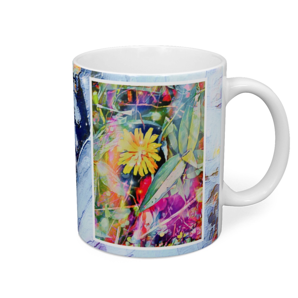 a-554 虹色の蜘蛛の糸 戯れる黄色い花 Rainbow-colored spider thread Playing yellow flowers マグカップ