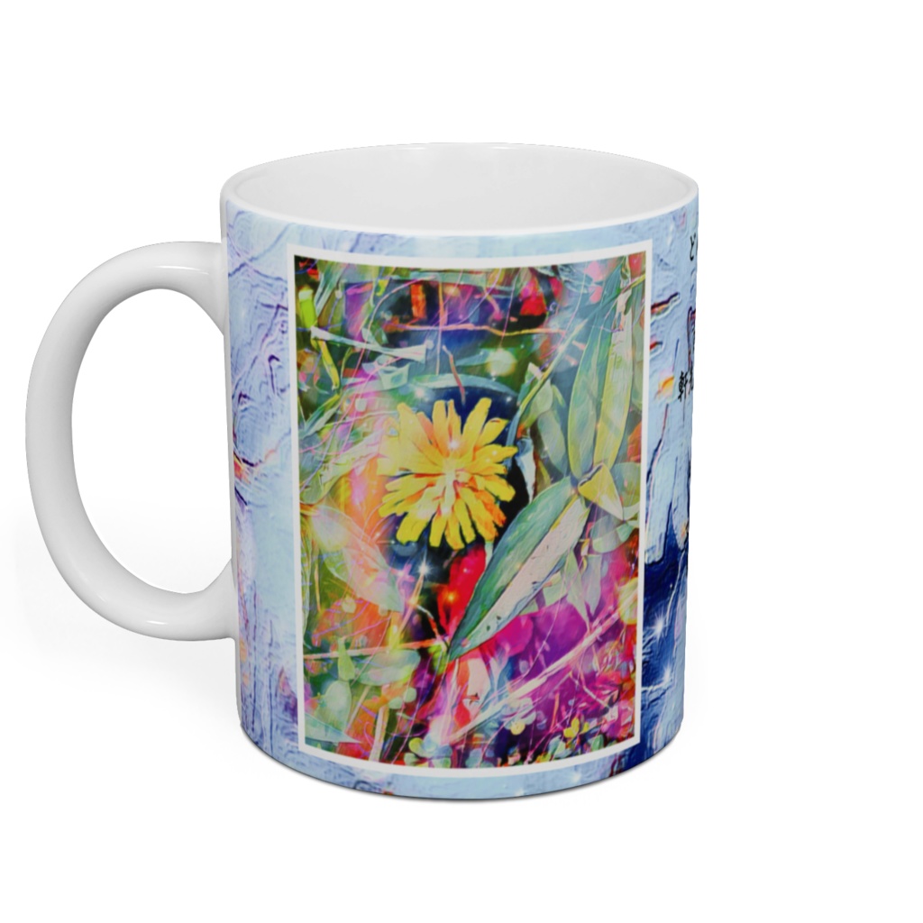 a-554 虹色の蜘蛛の糸 戯れる黄色い花 Rainbow-colored spider thread Playing yellow flowers マグカップ