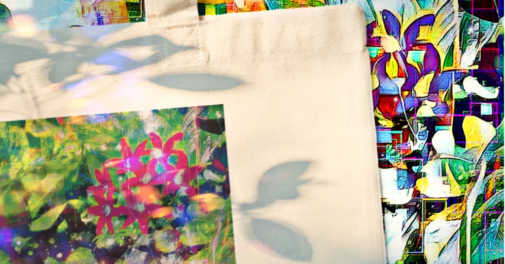 a-700 華 紅い花と虹色に光る蜘蛛の糸 Red flowers and rainbow-colored spider threads トートバッグ ☆応援企画商品☆