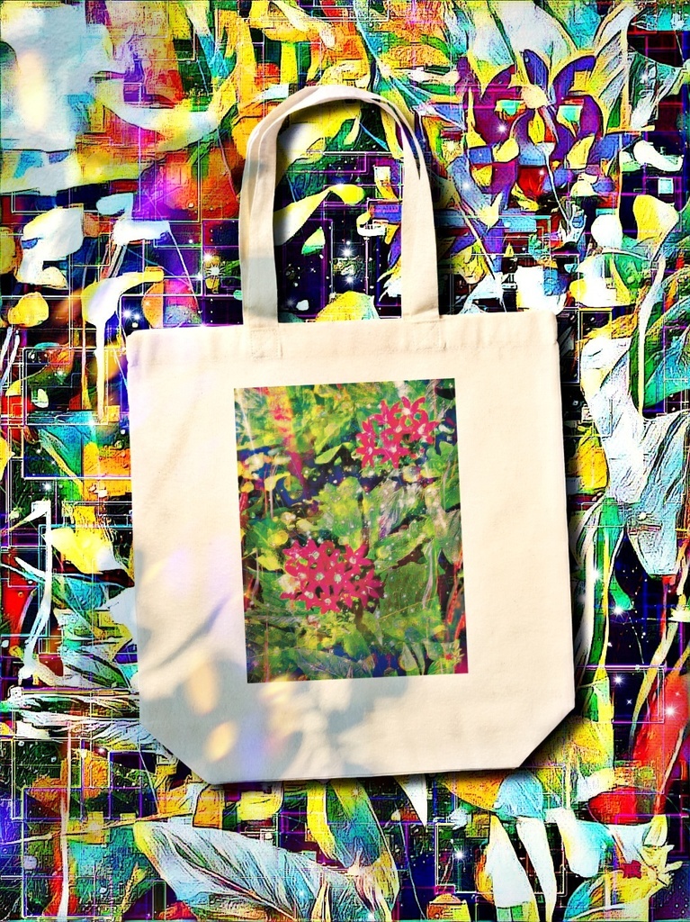 a-700 華 紅い花と虹色に光る蜘蛛の糸 Red flowers and rainbow-colored spider threads トートバッグ ☆応援企画商品☆