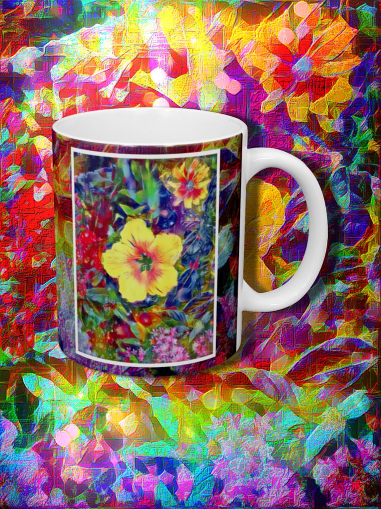 a-03 Re デジタル越しに明るく咲く黄色いハイビスカス Re Yellow hibiscus that blooms brightly through digitalでマグカップ ☆応援企画商品☆