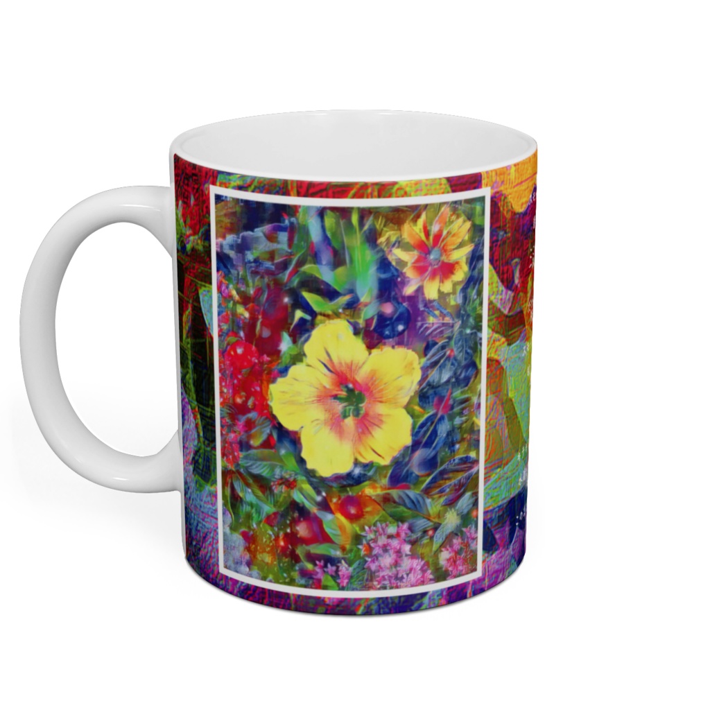 a-03 Re デジタル越しに明るく咲く黄色いハイビスカス Re Yellow hibiscus that blooms brightly through digitalでマグカップ ☆応援企画商品☆