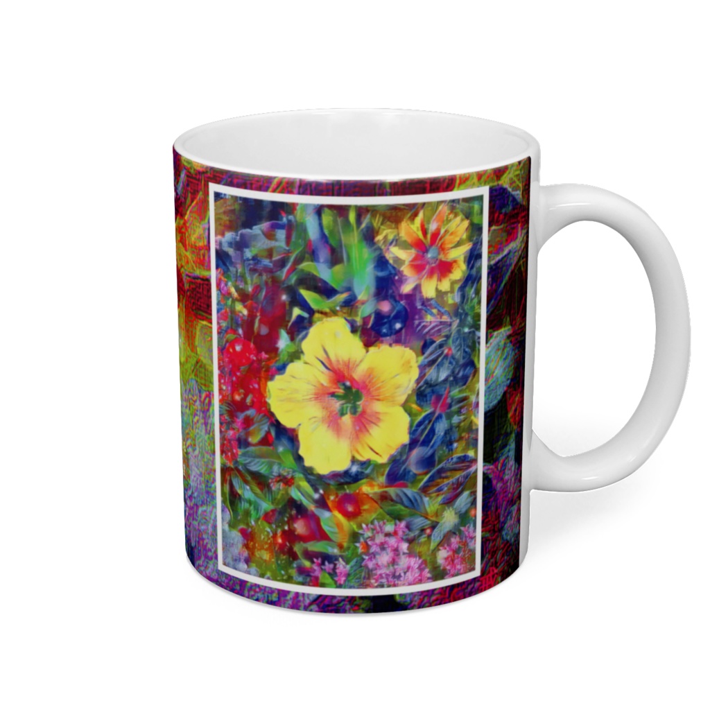 a-03 Re デジタル越しに明るく咲く黄色いハイビスカス Re Yellow hibiscus that blooms brightly through digitalでマグカップ ☆応援企画商品☆