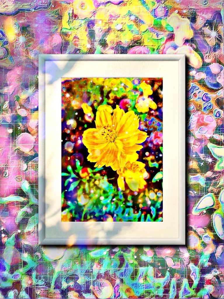 a-716 華 漆黒の宙に咲く黄金色の花 flower. Golden flowers blooming in the jet-black air プリモアート(複製画) ☆応援企画商品☆