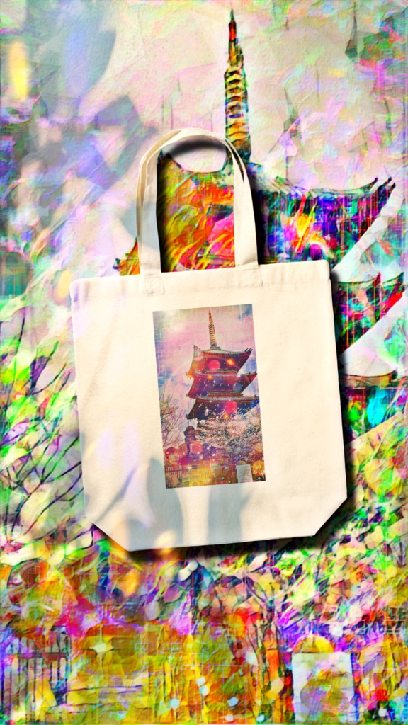 a-1080 燈籠 桜 五重塔 Lantern Sakura Five-storied Pagodaでトートバッグ☆応援企画商品☆