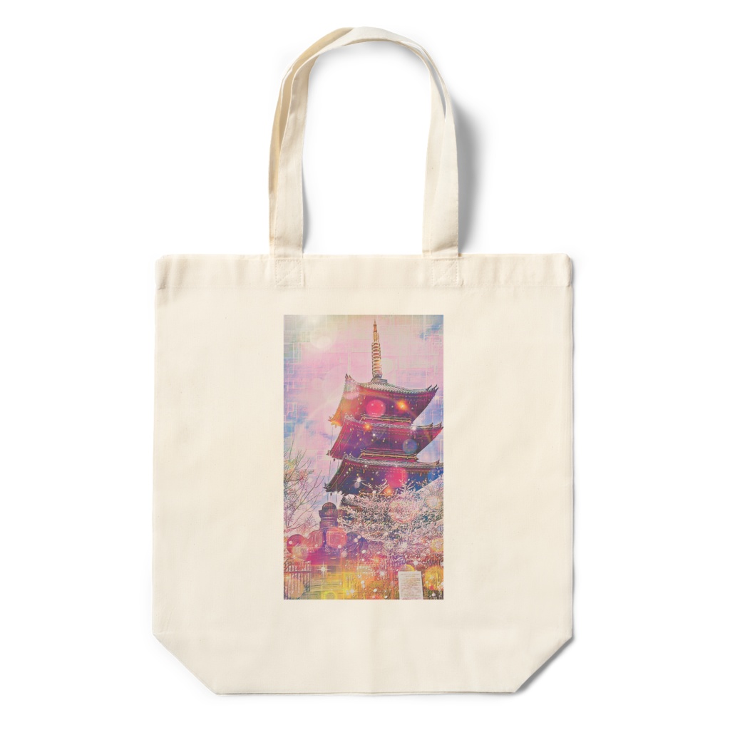 a-1080 燈籠 桜 五重塔 Lantern Sakura Five-storied Pagodaでトートバッグ☆応援企画商品☆