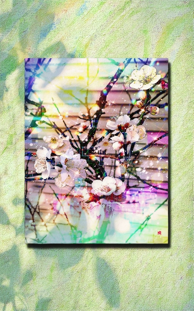 a-1818 街 早春 軒先の梅 flowering plum キャンバスアート - F6