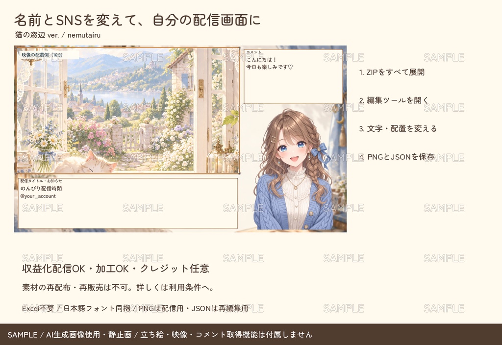 【配信者・VTuber向け】猫の窓辺の配信画面まるごとセット|配信・待機・終了・予定表 150点+編集ツール|無料お試し版あり|猫の窓辺 ver.【AI使用】