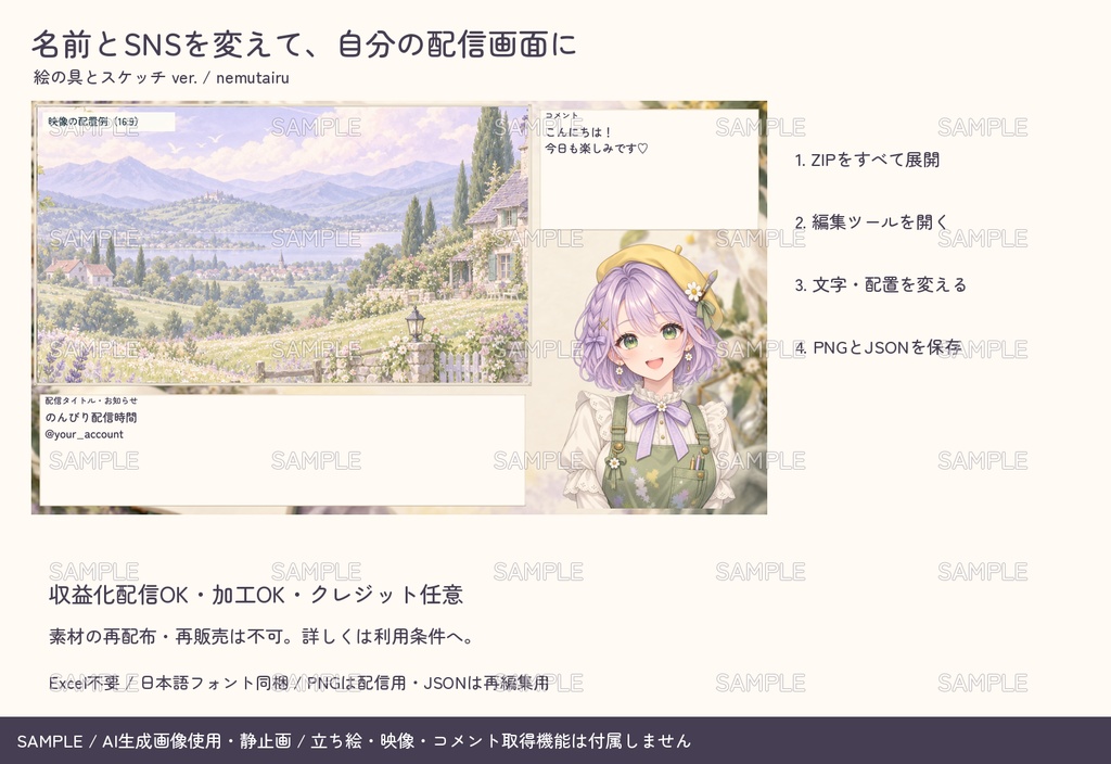 【配信者・VTuber向け】絵の具とスケッチの配信画面まるごとセット|配信・待機・終了・予定表 150点+編集ツール|無料お試し版あり|絵の具とスケッチ ver.【AI使用】