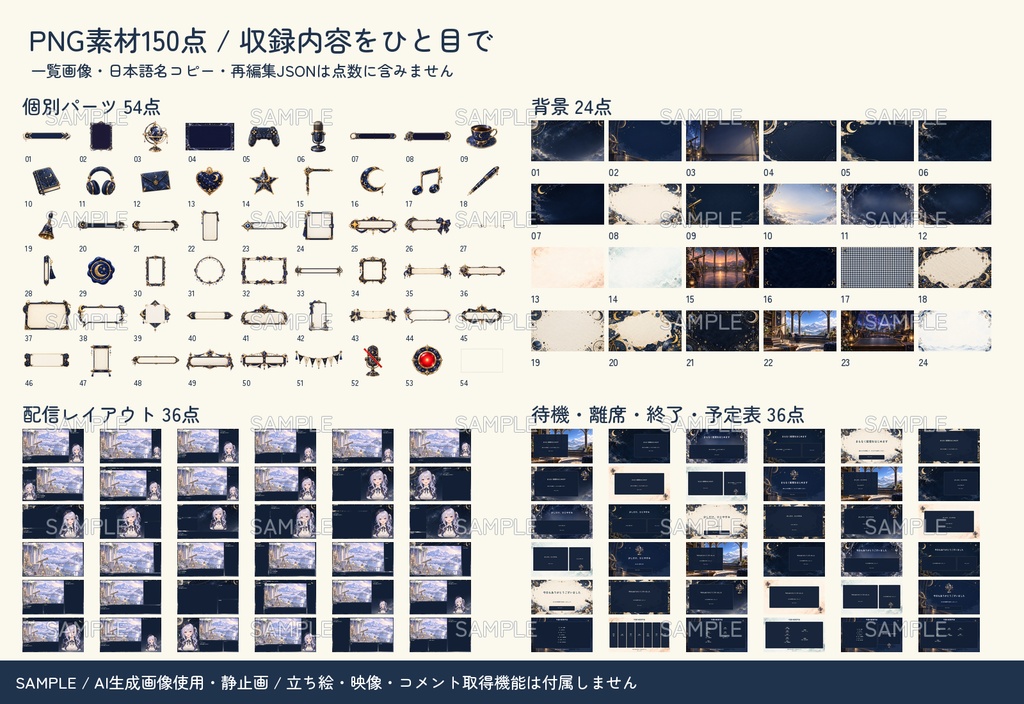 【配信者・VTuber向け】月と星の配信画面まるごとセット|配信・待機・終了・予定表 150点+編集ツール|無料お試し版あり|星降る天文台 ver.【AI使用】