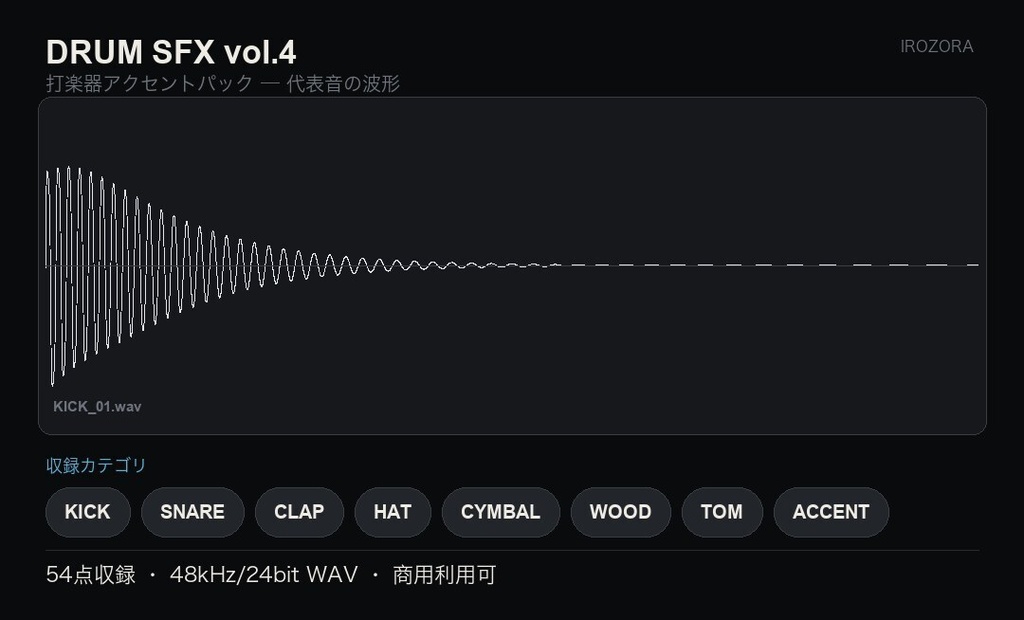 IROZORA DRUM SFX vol.4|打楽器アクセント 54点 商用利用OK
