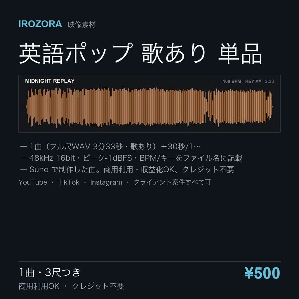 IROZORA BGM 単品 英語ポップ|ミッドナイト・リプレイ MIDNIGHT REPLAY 3分33秒・歌あり 商用利用OK