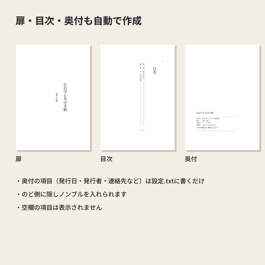 【テキストから入稿PDF】縦書き小説 本文組版キット(A5/B6/文庫/新書・ルビ対応)