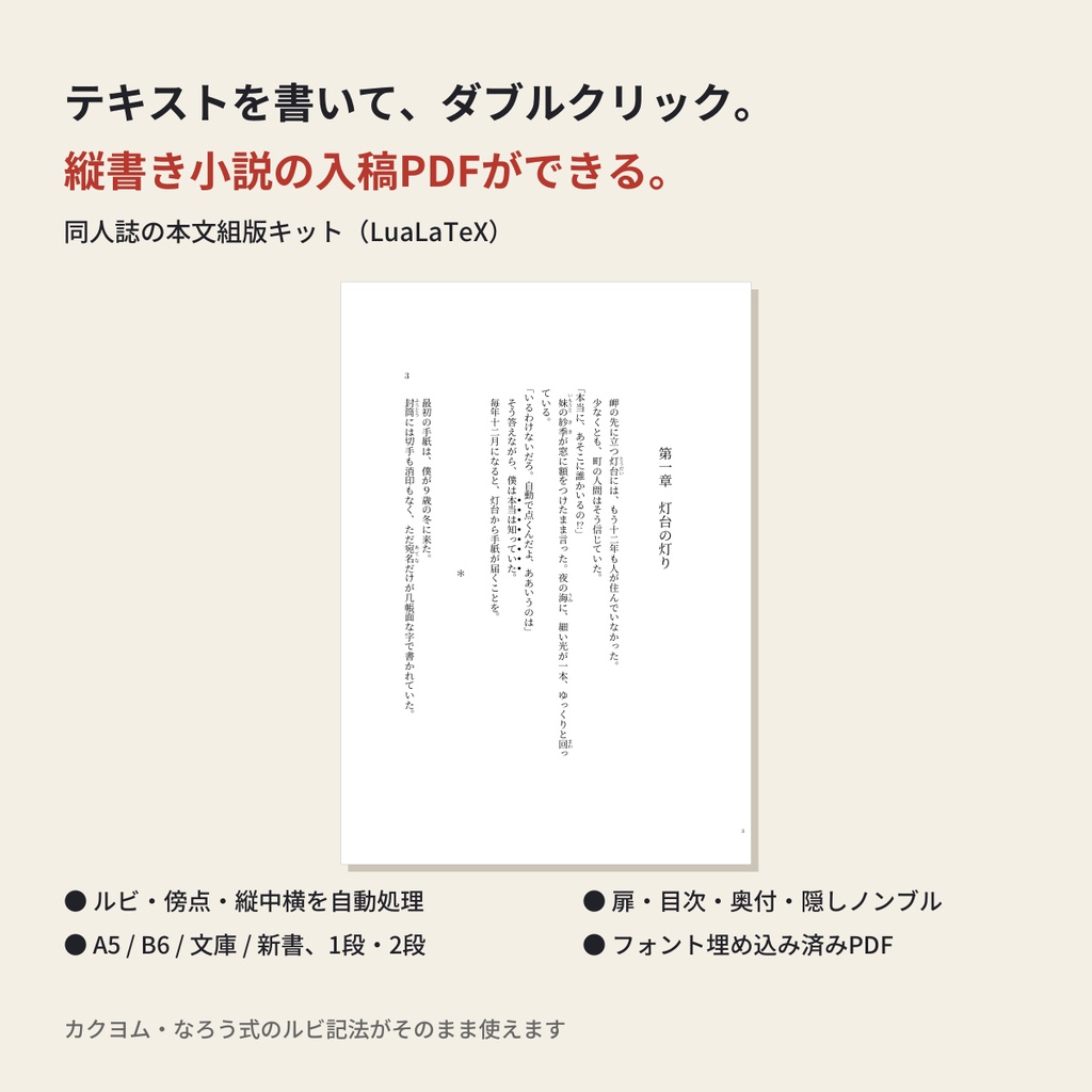 【テキストから入稿PDF】縦書き小説 本文組版キット（A5/B6/文庫/新書・ルビ対応）