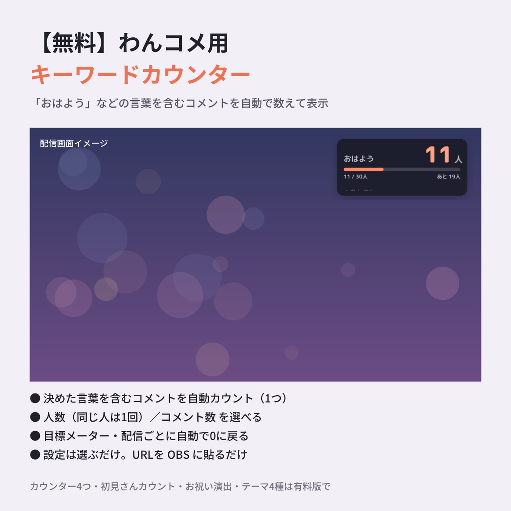 【無料・わんコメ用】キーワードカウンター|「おはよう」などのコメントを自動で数えて表示