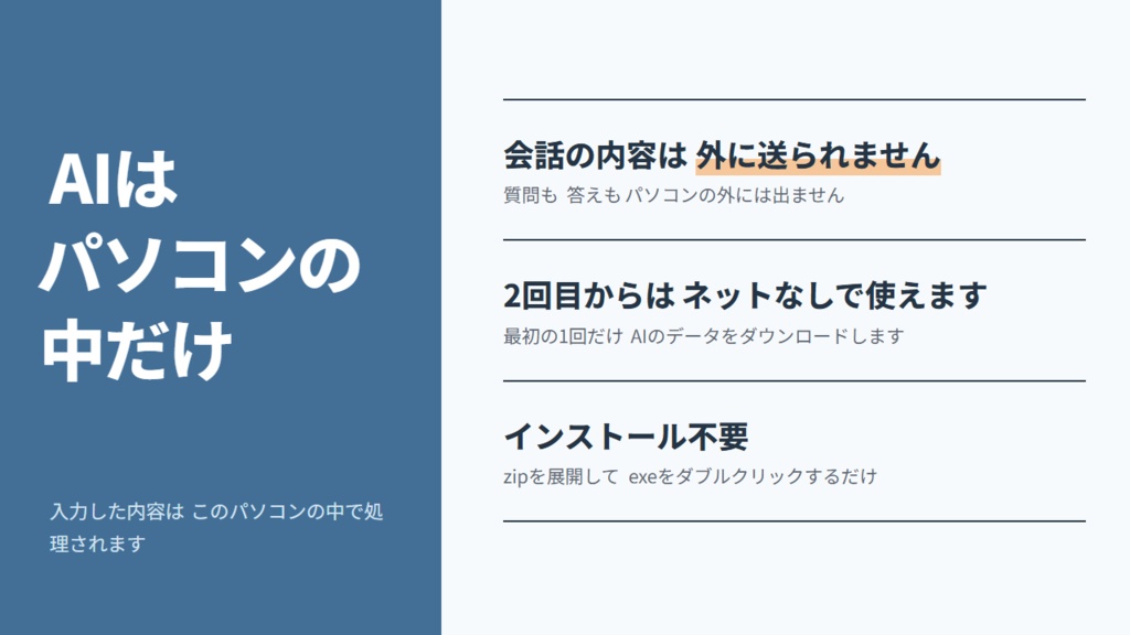 【無料】かんたんAI|ネットに送らない、パソコンの中で動くAIチャット(Windows)